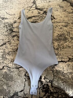 Express Light Blue Ribbed Scoop Neck Bodysuit